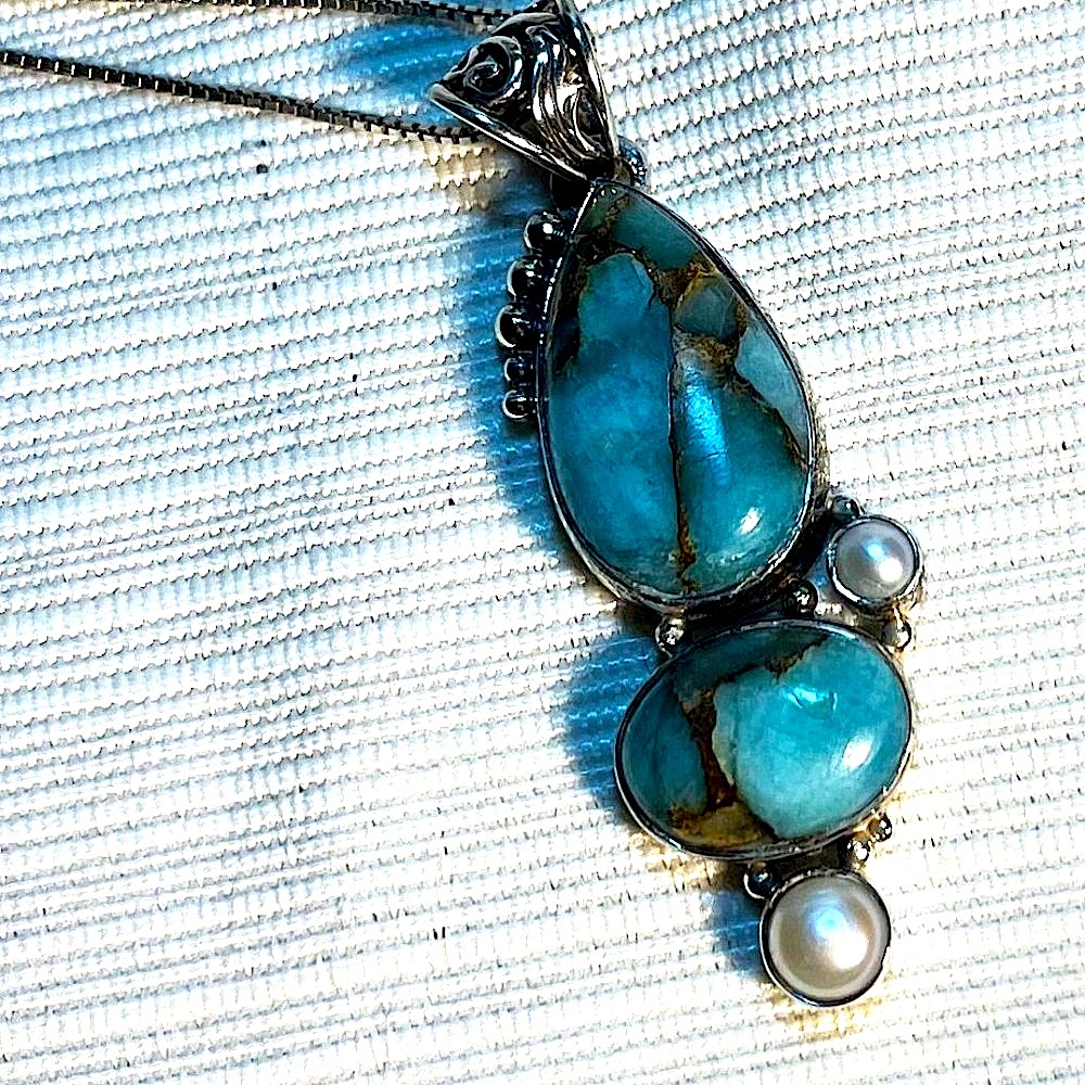 Turquoise Silver and Pearl vintage necklace